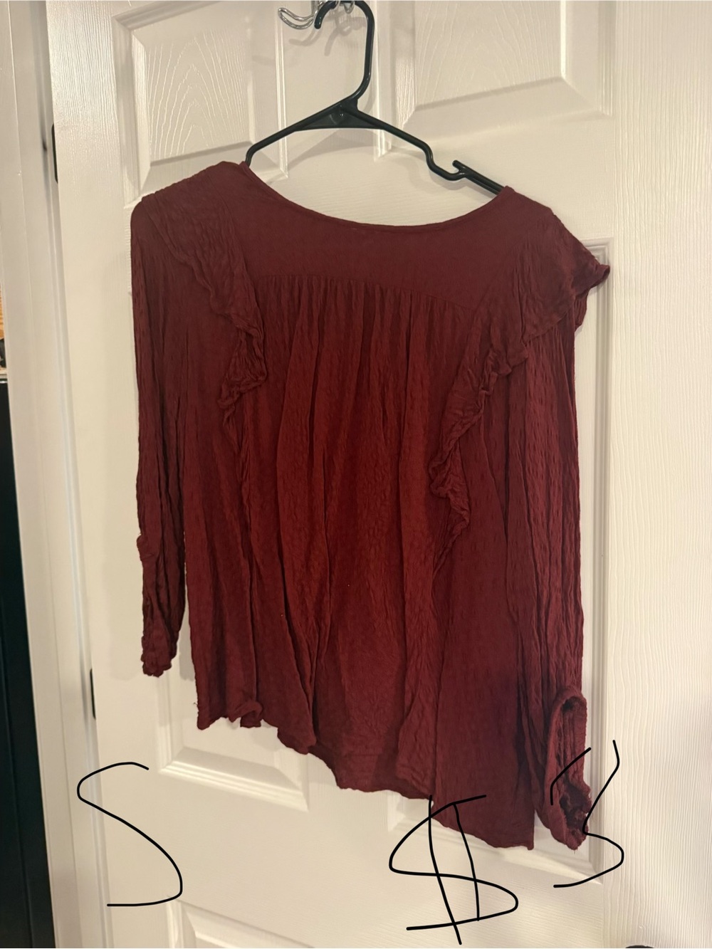 Women's Crinkled Ruffle Long-Sleeve Top - Burgundy